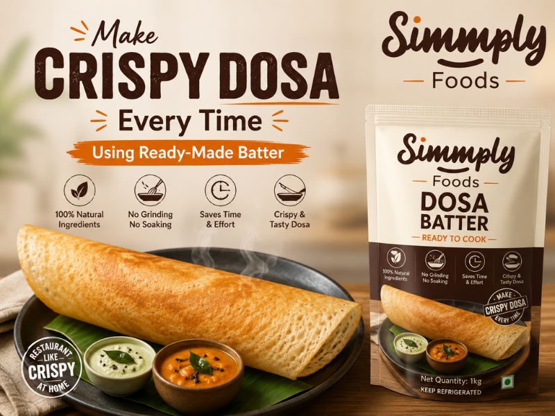 Golden crispy dosa served with chutneys using Simmply Foods ready-made dosa batter for quick and delicious homemade breakfast.
