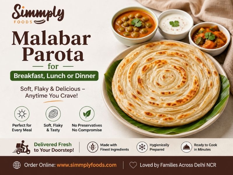 Malabar Parota from Simmply Foods served with Indian curry, ideal for breakfast, lunch or dinner